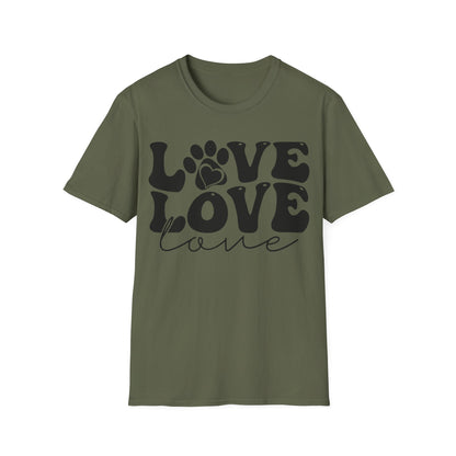 military green T-Shirt mit schwarzem Love-Schriftzug, Herz und Pfotenabdruck – Unisex Tierfreunde Shirt