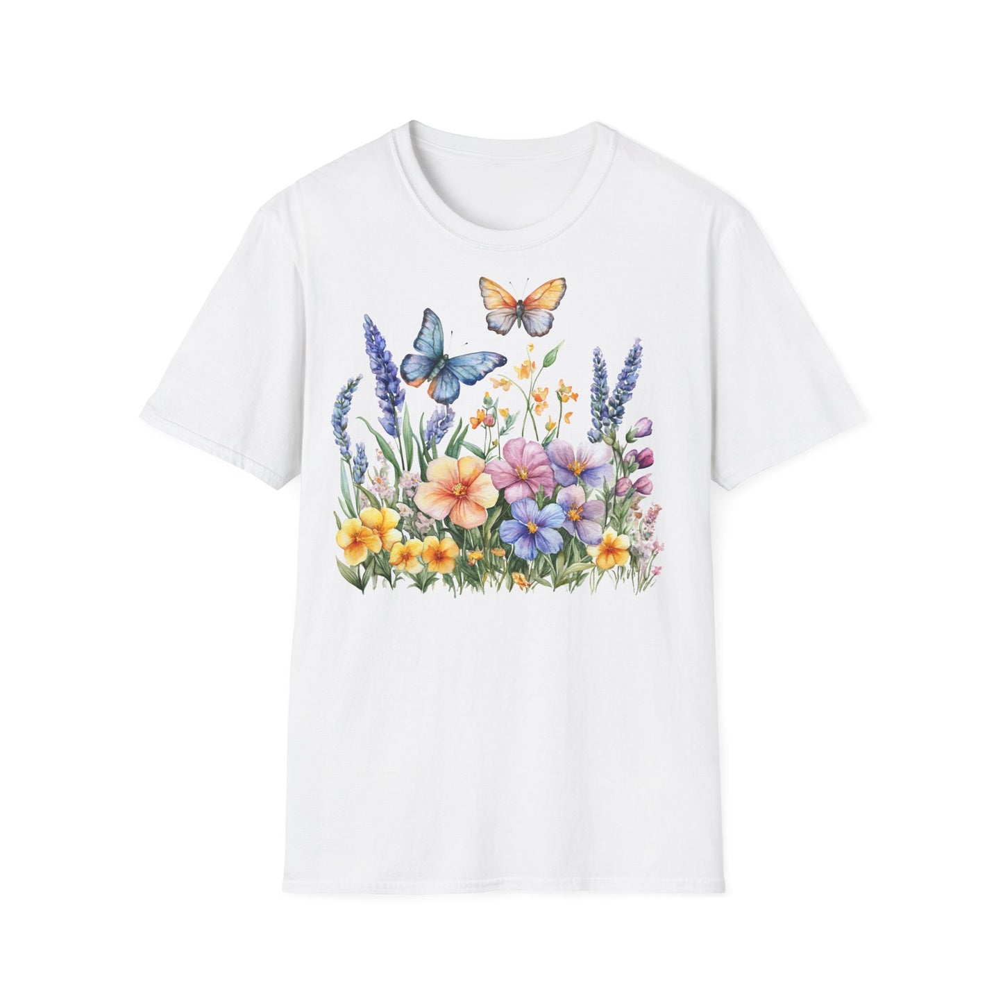weißes T-Shirt mit bunten Schmetterlingen und Blumen – Naturmotiv für Damen & Herren