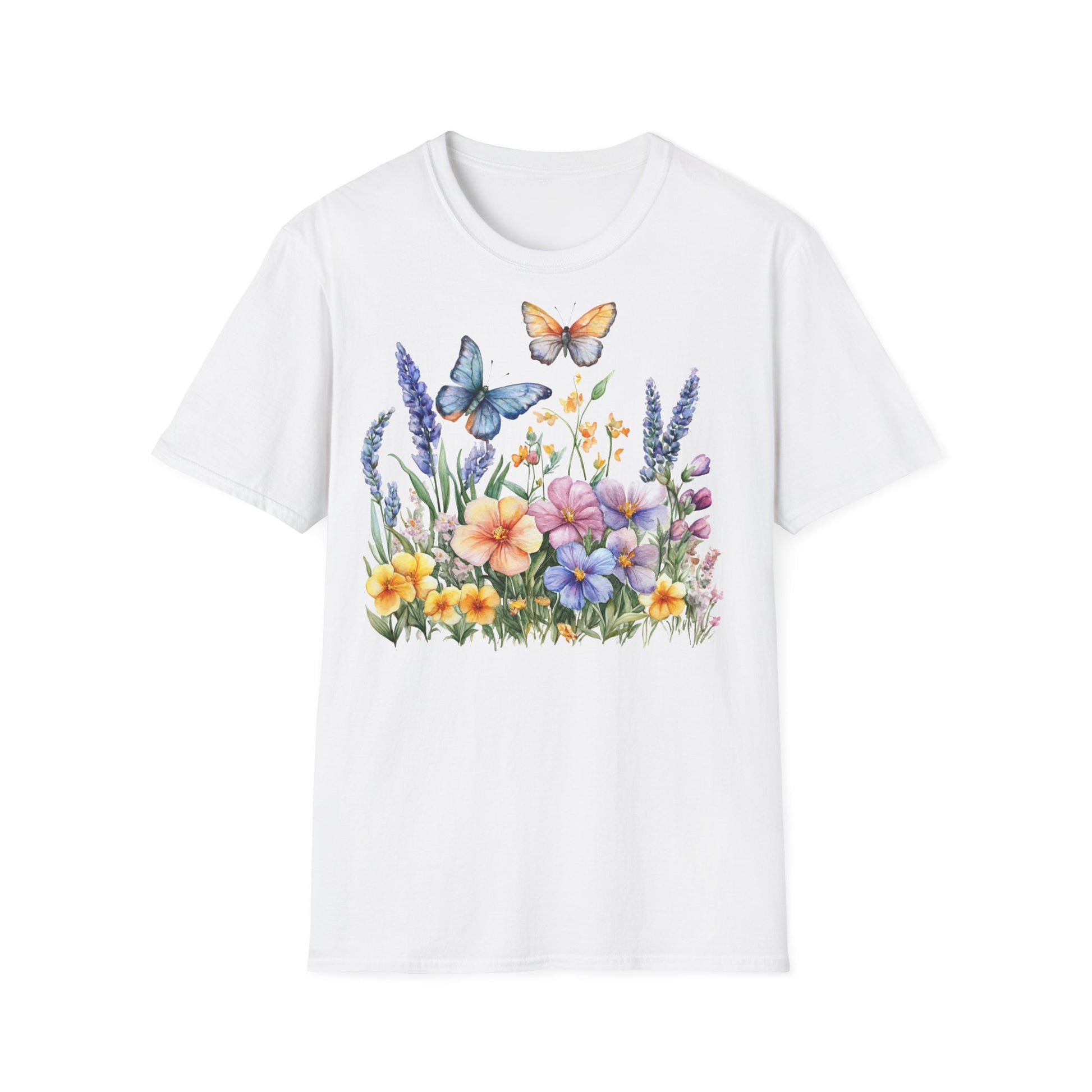 weißes T-Shirt mit bunten Schmetterlingen und Blumen – Naturmotiv für Damen & Herren