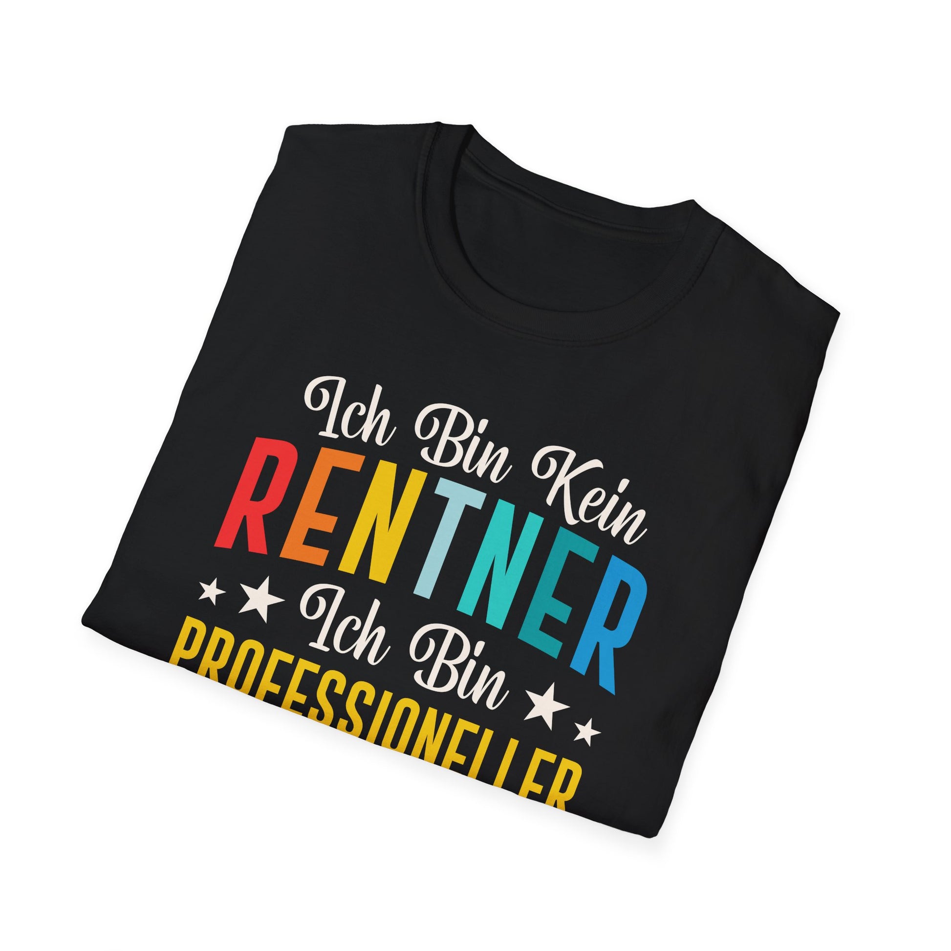 Schwarzes T-Shirt mit buntem Spruch „Ich bin kein Rentner – ich bin professioneller Opa“ als witziges Geschenk für Großväter