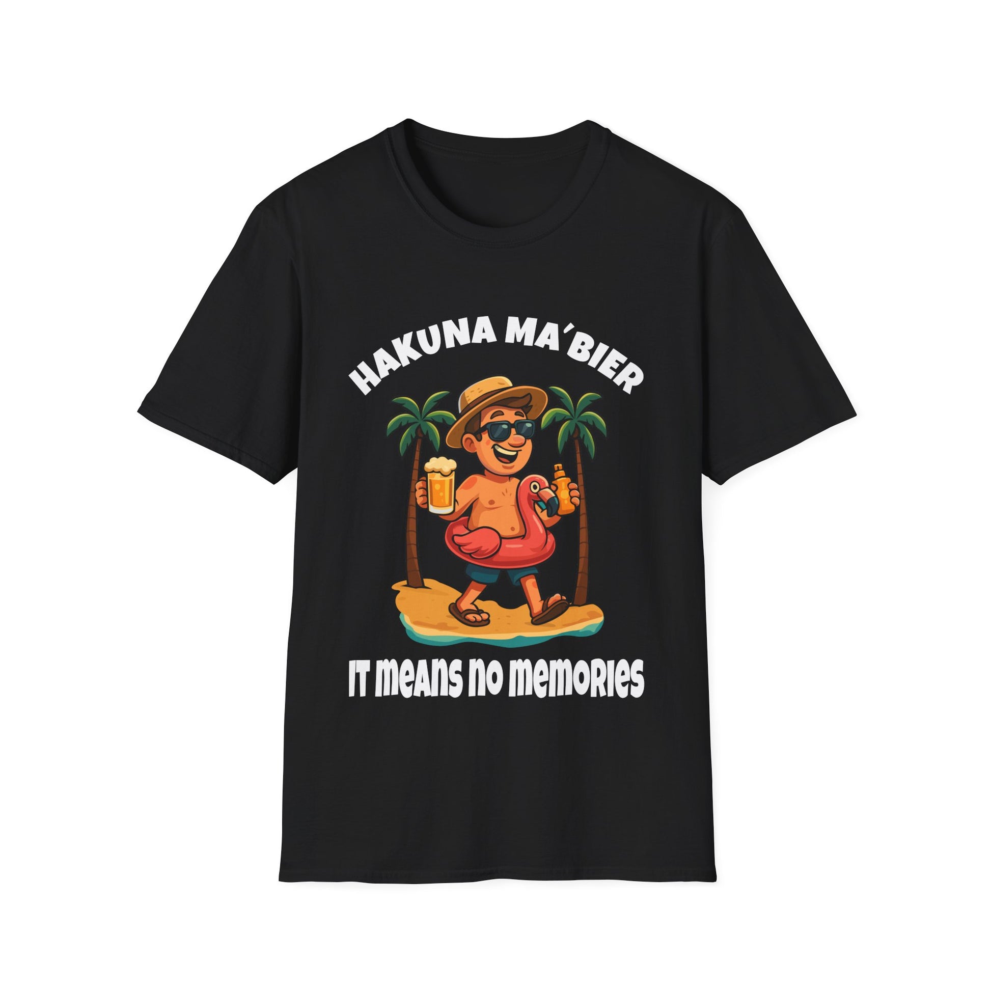 Schwarzes T-Shirt mit bunter Illustration: Mann mit Flamingo-Schwimmring, Bier in der Hand, Text: „Hakuna Ma’Bier – It Means No Memories“
