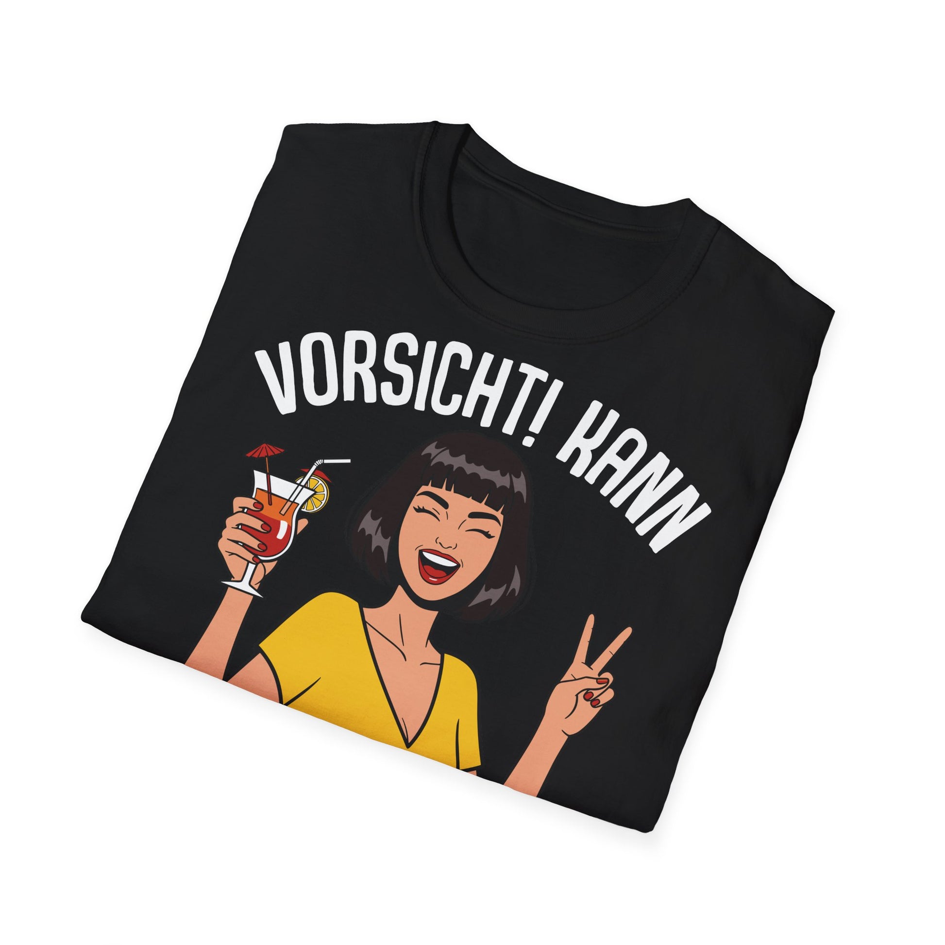 Schwarzes T-Shirt mit Comic-Frau im gelben Kleid und Spruch „Vorsicht! Kann Glitzer kotzen“ – lustiges Party Funshirt gefaltene Version