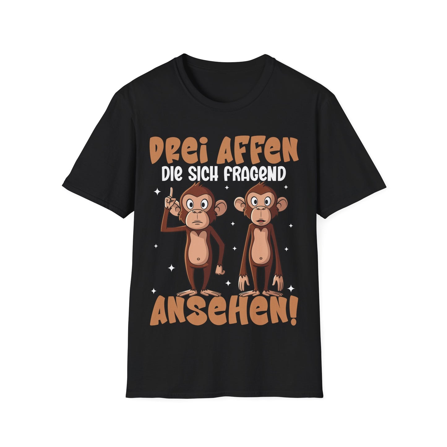 Schwarzes T-Shirt mit drei fragenden Affen und Spruch „2 Affen, die sich fragend ansehen“ – Lustiges Funshirt Unisex