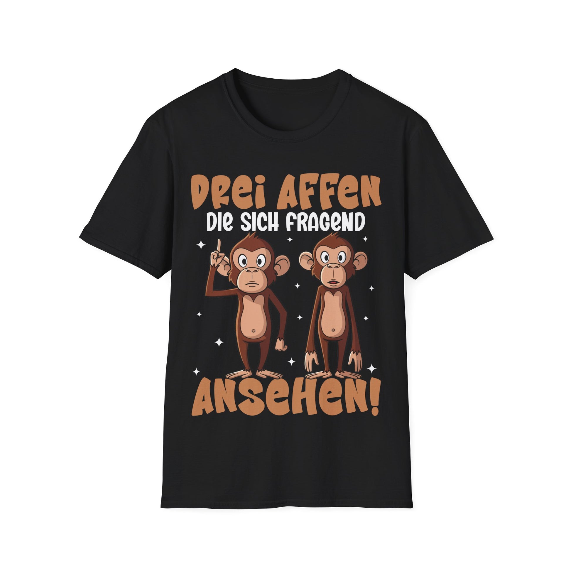 Schwarzes T-Shirt mit drei fragenden Affen und Spruch „2 Affen, die sich fragend ansehen“ – Lustiges Funshirt Unisex