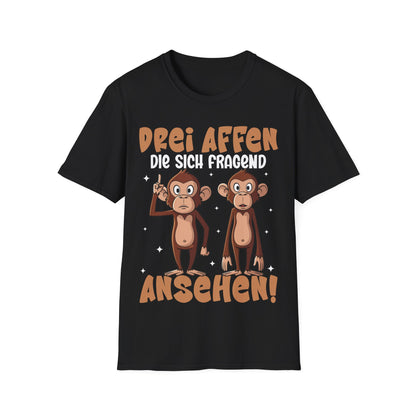 Schwarzes T-Shirt mit drei fragenden Affen und Spruch „2 Affen, die sich fragend ansehen“ – Lustiges Funshirt Unisex