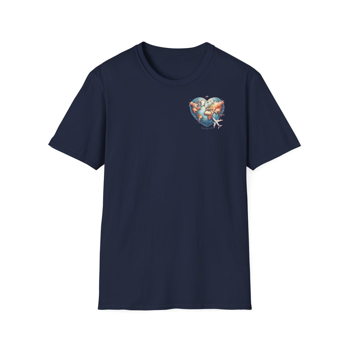 Adventure T-Shirt – Herz-Weltkarte & Flugzeug | Unisex Reiseshirt