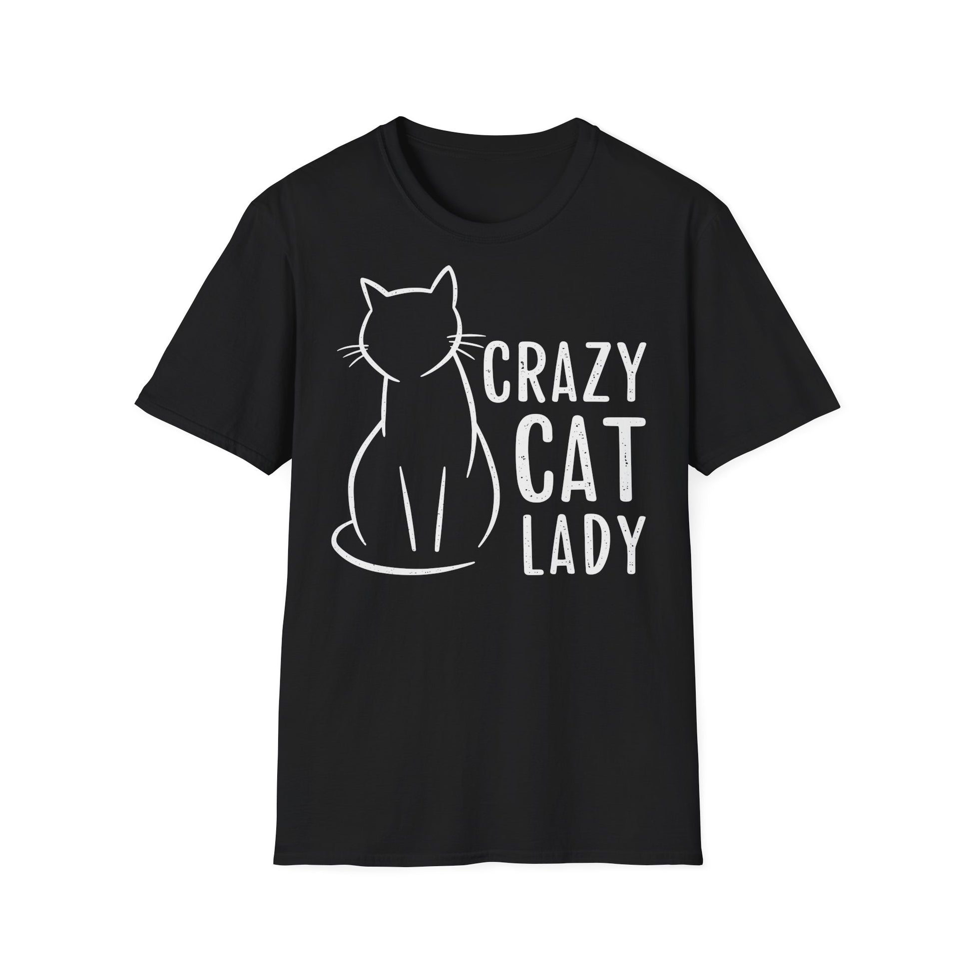 Schwarzes Damen-T-Shirt mit weißem „Crazy Cat Lady“-Schriftzug und minimalistischem Katzen-Motiv – ideal für Katzenliebhaberinnen