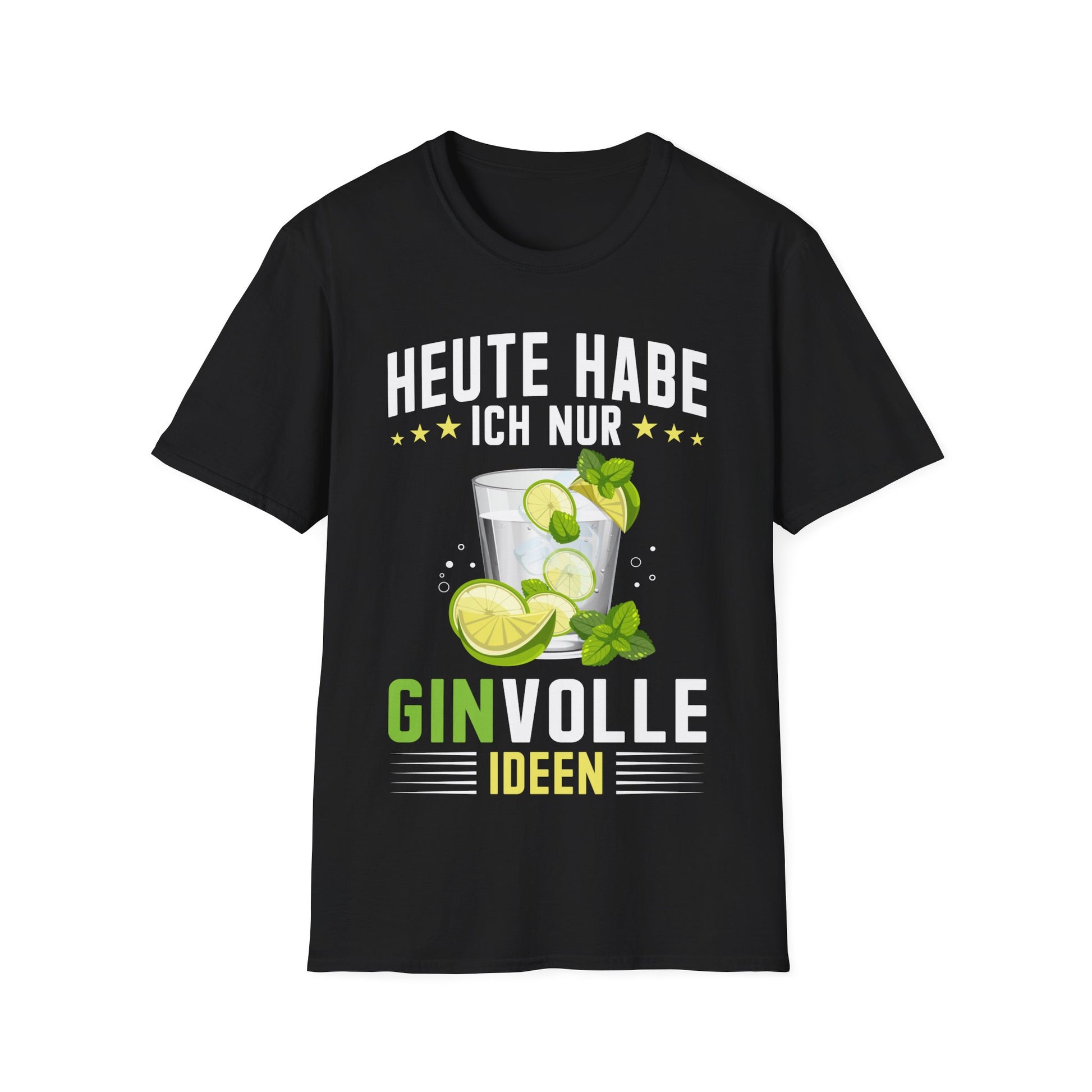 Schwarzes Unisex T-Shirt mit Gin-Glas und Spruch „Heute habe ich nur ginvolle Ideen“, witziges Shirt für Gin-Fans und Partygänger