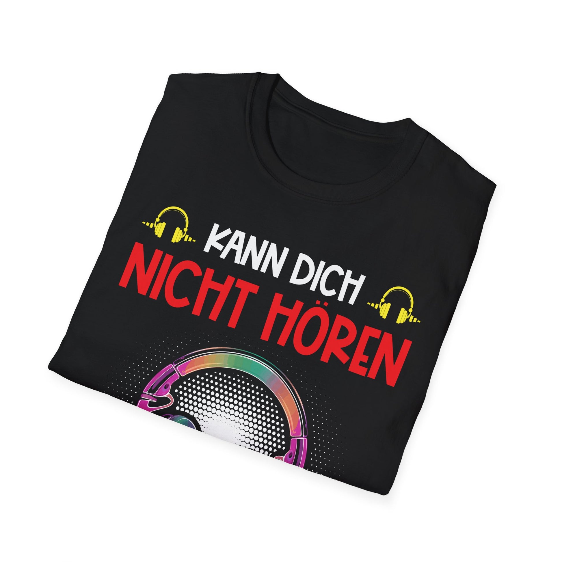 Schwarzes T-Shirt mit buntem Headset und dem Spruch „Kann dich nicht hören – Ich zocke!“ in roten und gelben Lettern, ideal für Gamer