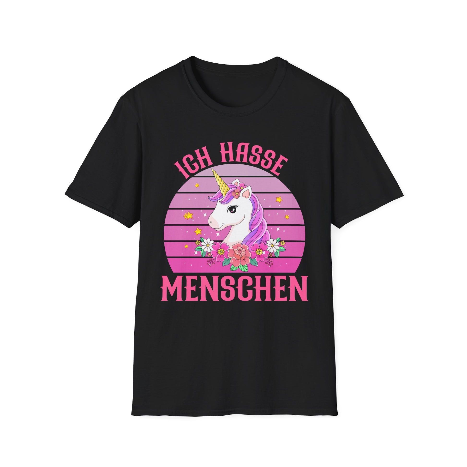 Schwarzes T-Shirt mit rosa Einhorn, Blumen und dem Spruch „Ich hasse Menschen“ – sarkastisch & bunt für Einhorn-Fans mit Attitüde
