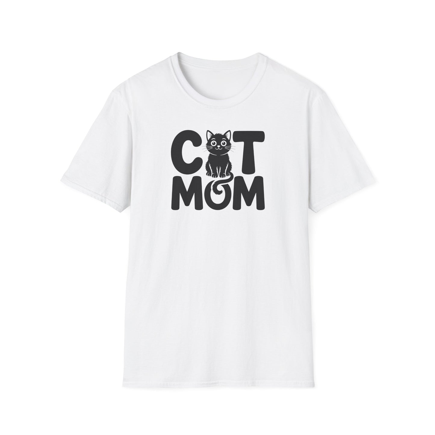 Weißes T-Shirt mit der Aufschrift „Cat Mom“ und süßer schwarzer Katze als Design – perfektes Geschenk für Katzenmamas