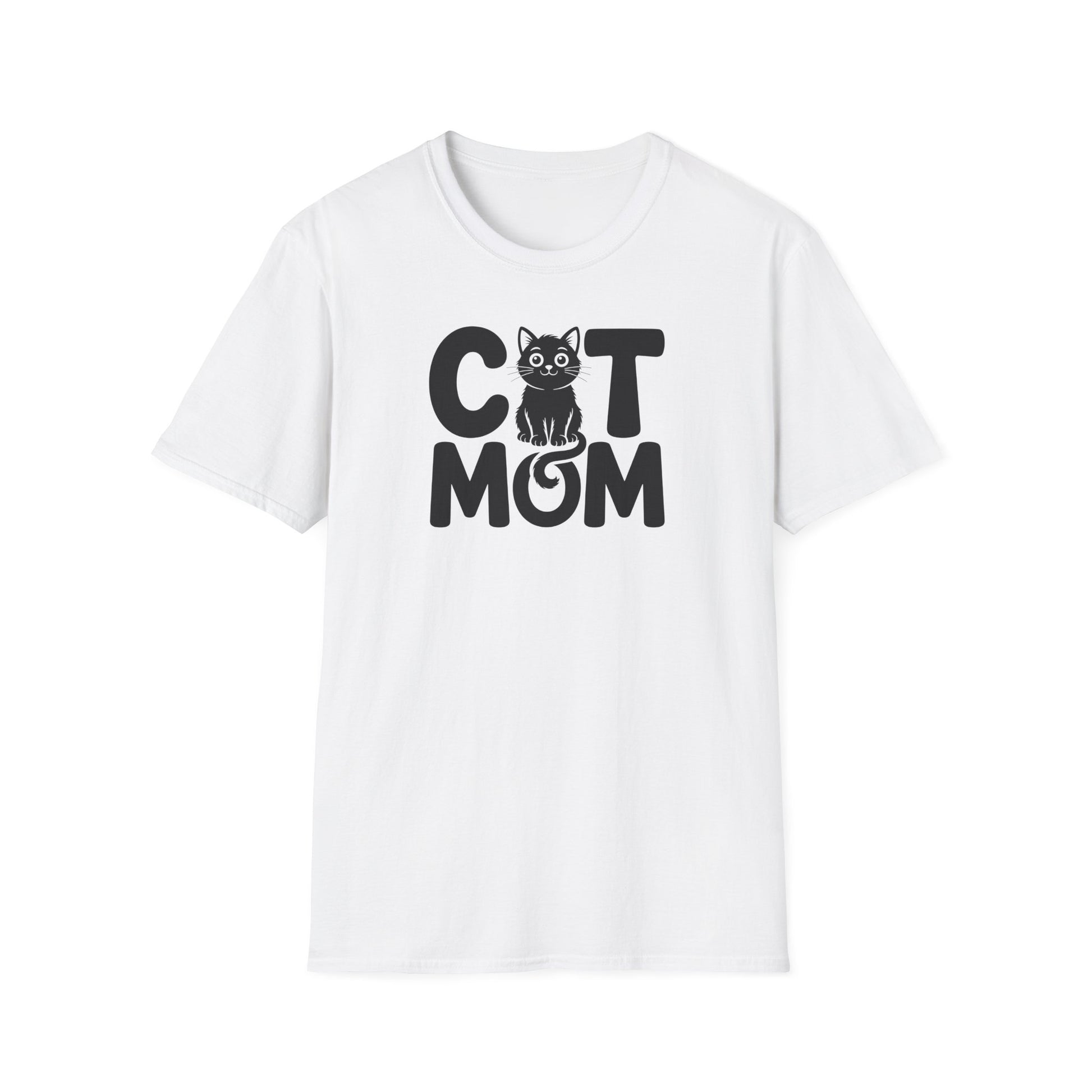 Weißes T-Shirt mit der Aufschrift „Cat Mom“ und süßer schwarzer Katze als Design – perfektes Geschenk für Katzenmamas