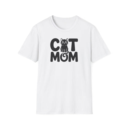 Weißes T-Shirt mit der Aufschrift „Cat Mom“ und süßer schwarzer Katze als Design – perfektes Geschenk für Katzenmamas