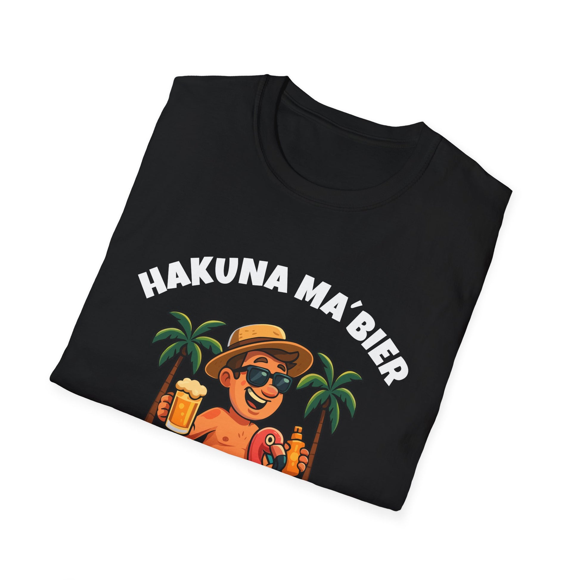 Schwarzes T-Shirt mit bunter Illustration: Mann mit Flamingo-Schwimmring, Bier in der Hand, Text: „Hakuna Ma’Bier – It Means No Memories“