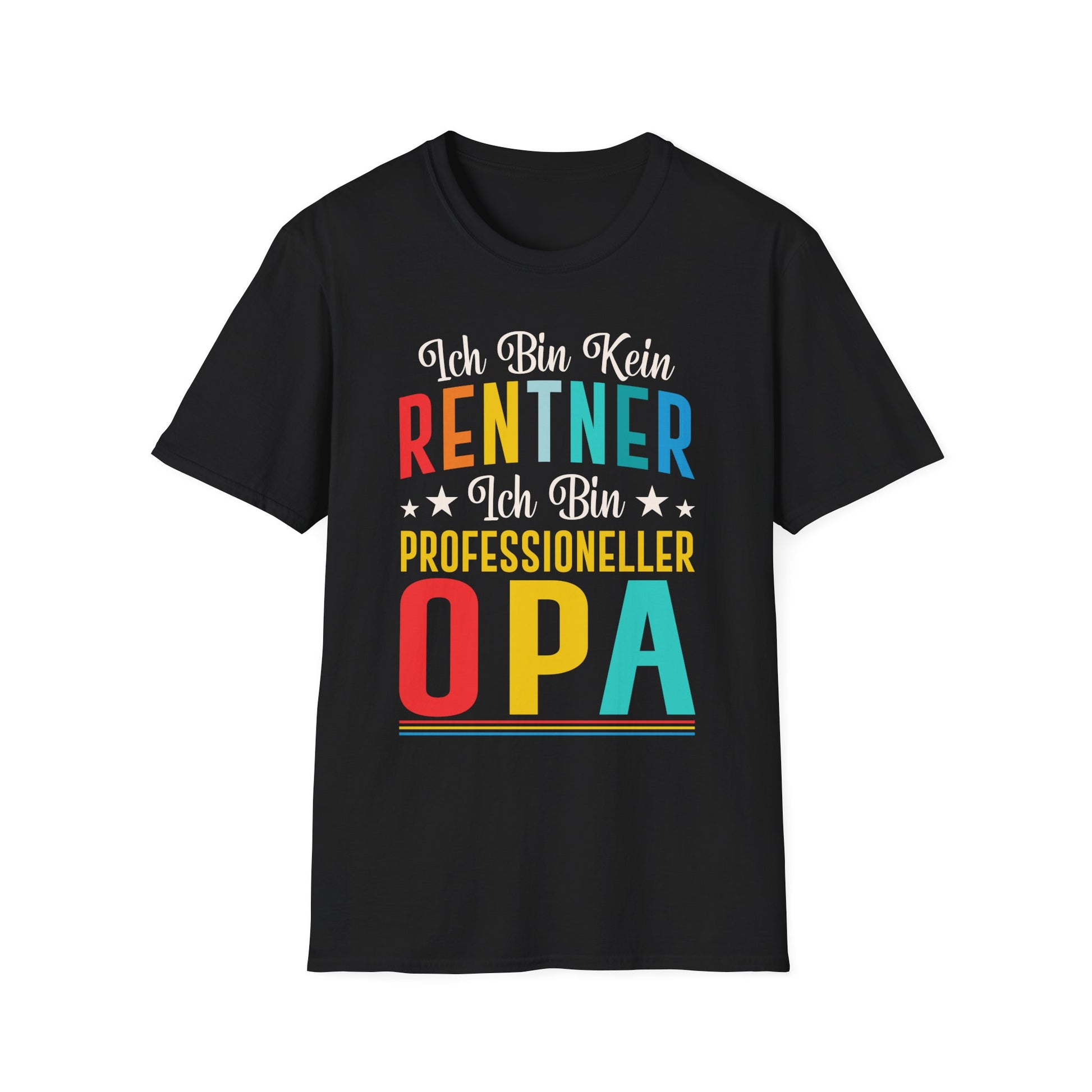 Schwarzes T-Shirt mit buntem Spruch „Ich bin kein Rentner – ich bin professioneller Opa“ als witziges Geschenk für Großväter