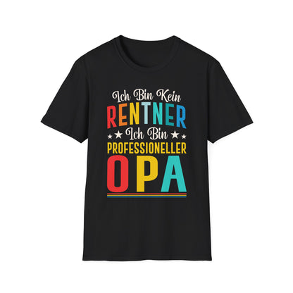 Schwarzes T-Shirt mit buntem Spruch „Ich bin kein Rentner – ich bin professioneller Opa“ als witziges Geschenk für Großväter