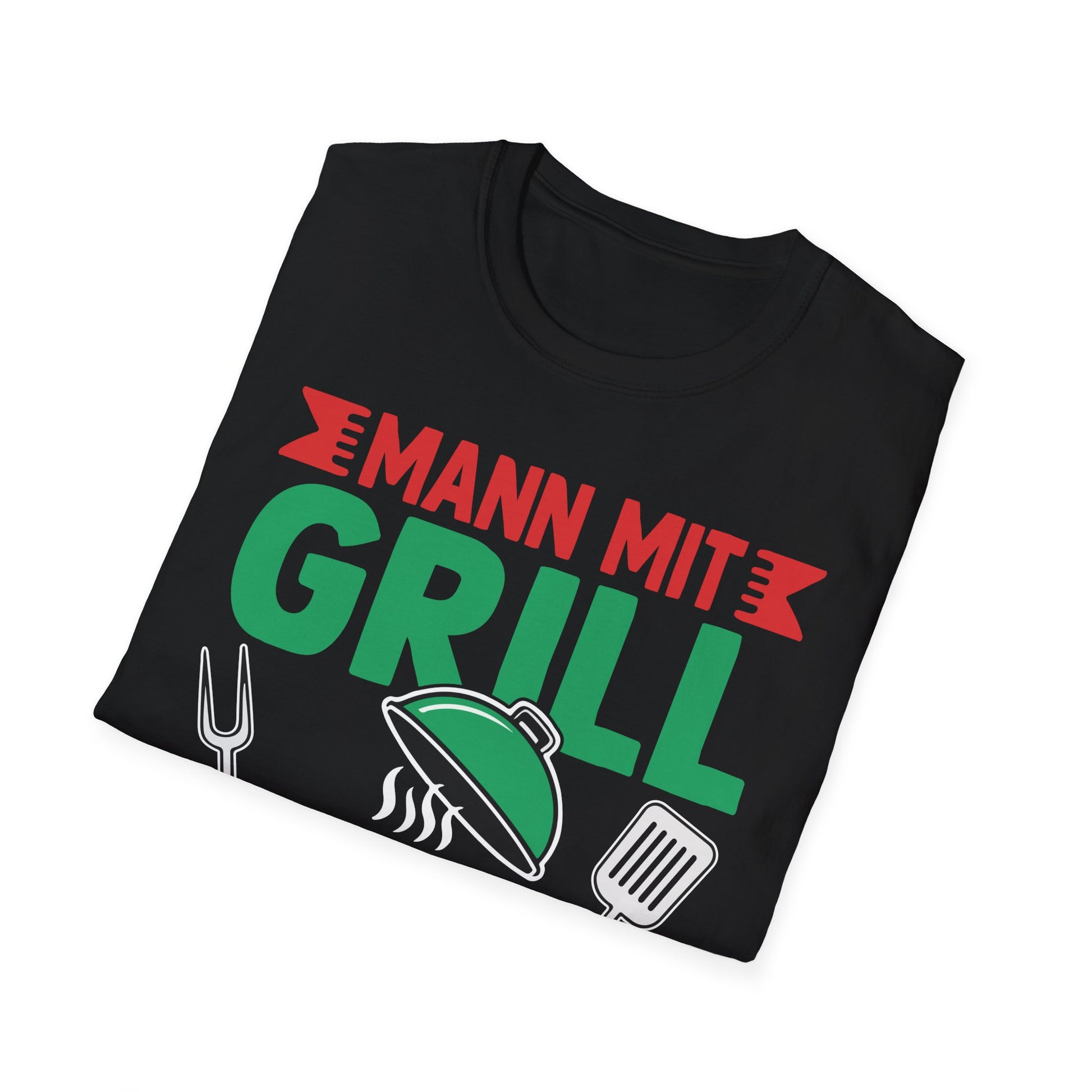 Schwarzes T-Shirt mit Grill und Grillbesteck sowie dem Spruch „Mann mit Grill sucht Frau mit Kohle“ – witziges BBQ-Shirt für Männer

