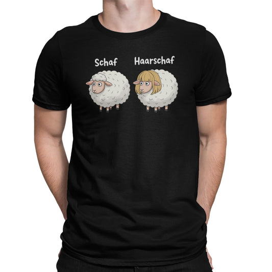 Schwarzes T-Shirt mit Comic-Motiv „Schaf“ und „Haarschaf“ – lustiges Wortspiel für Humor- und Tierliebhaber, Unisex


