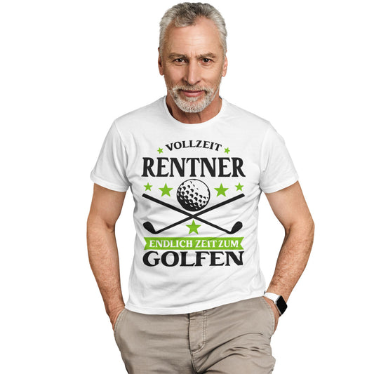 T-Shirt mit Golfmotiv, grün-schwarzem Aufdruck „Vollzeit Rentner – Endlich Zeit zum Golfen“ und zwei gekreuzten Golfschlägern