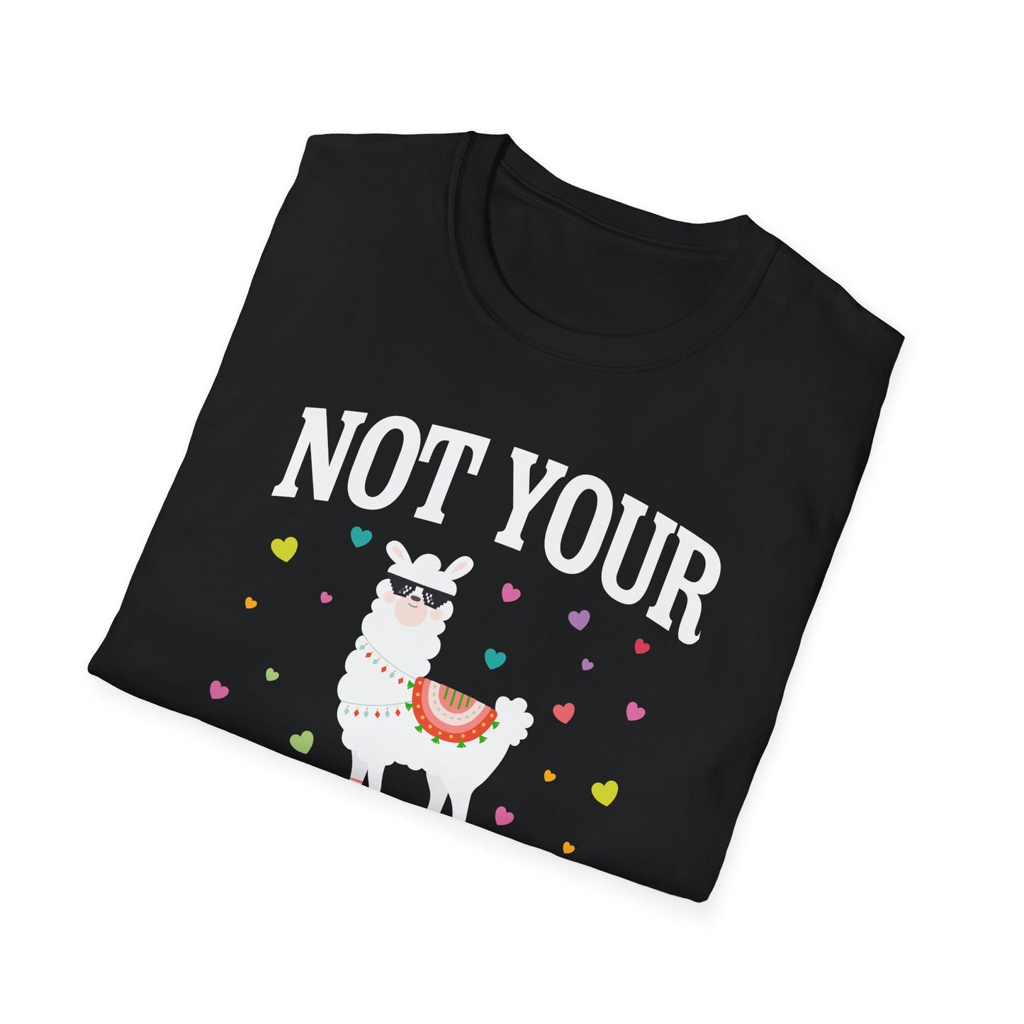Schwarzes Unisex T-Shirt mit witzigem Aufdruck „Not Your Ernst Oder?“ und bunter Lama-Grafik – Denglisch-Wortspiel mit Herzchen