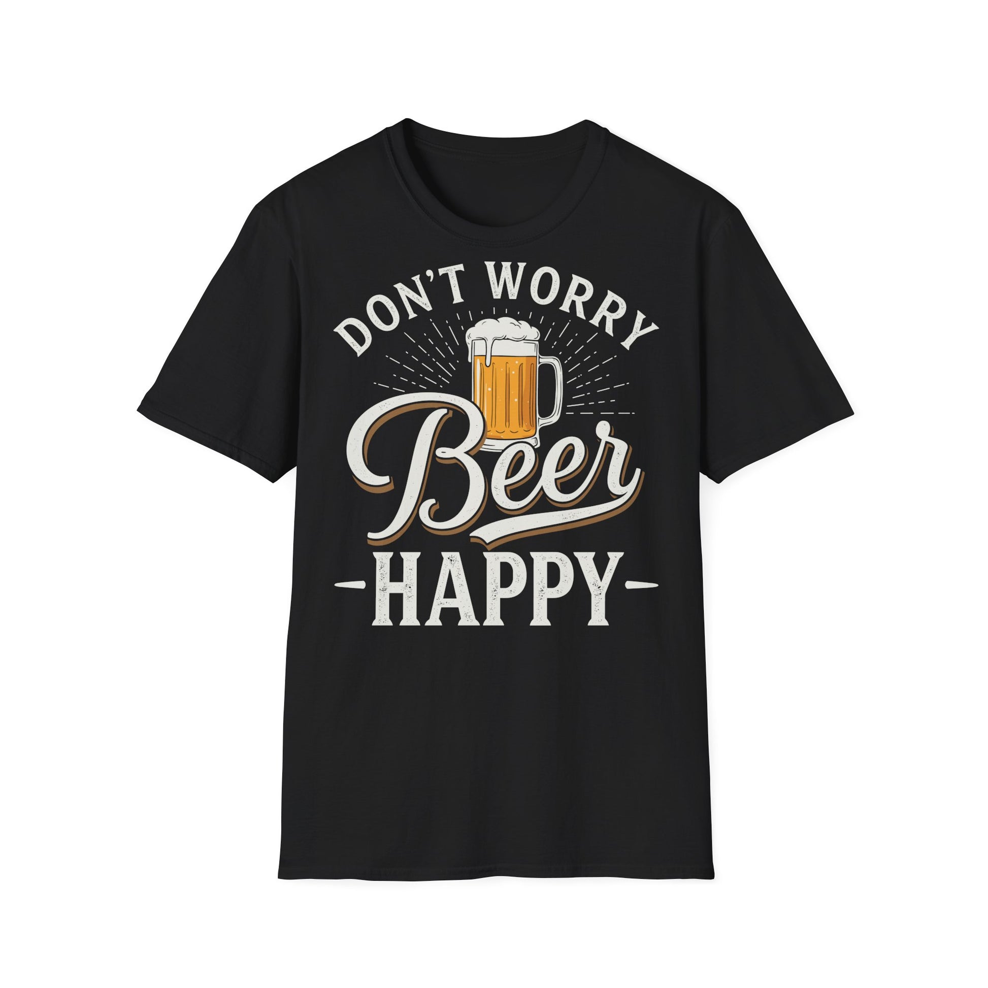 Schwarzes T-Shirt mit Aufdruck „Don’t Worry Beer Happy“ und Bierkrug-Motiv – lustiges Unisex-Shirt für Kneipe, Party & Festival

