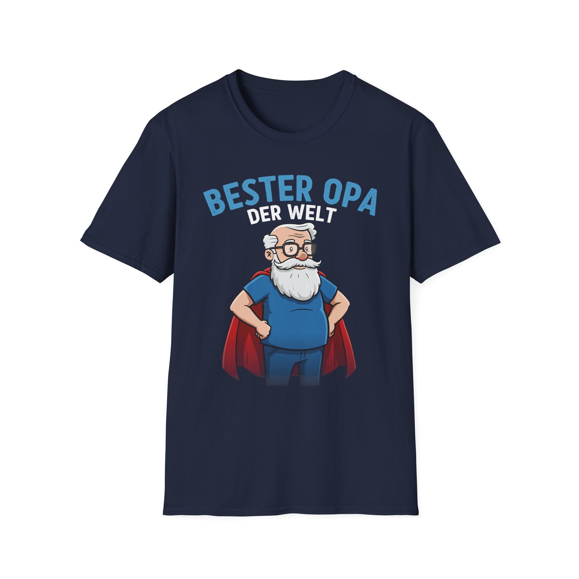 T-Shirt mit Aufdruck „Bester Opa der Welt“ und Comic-Motiv eines Großvaters mit Superhelden-Umhang