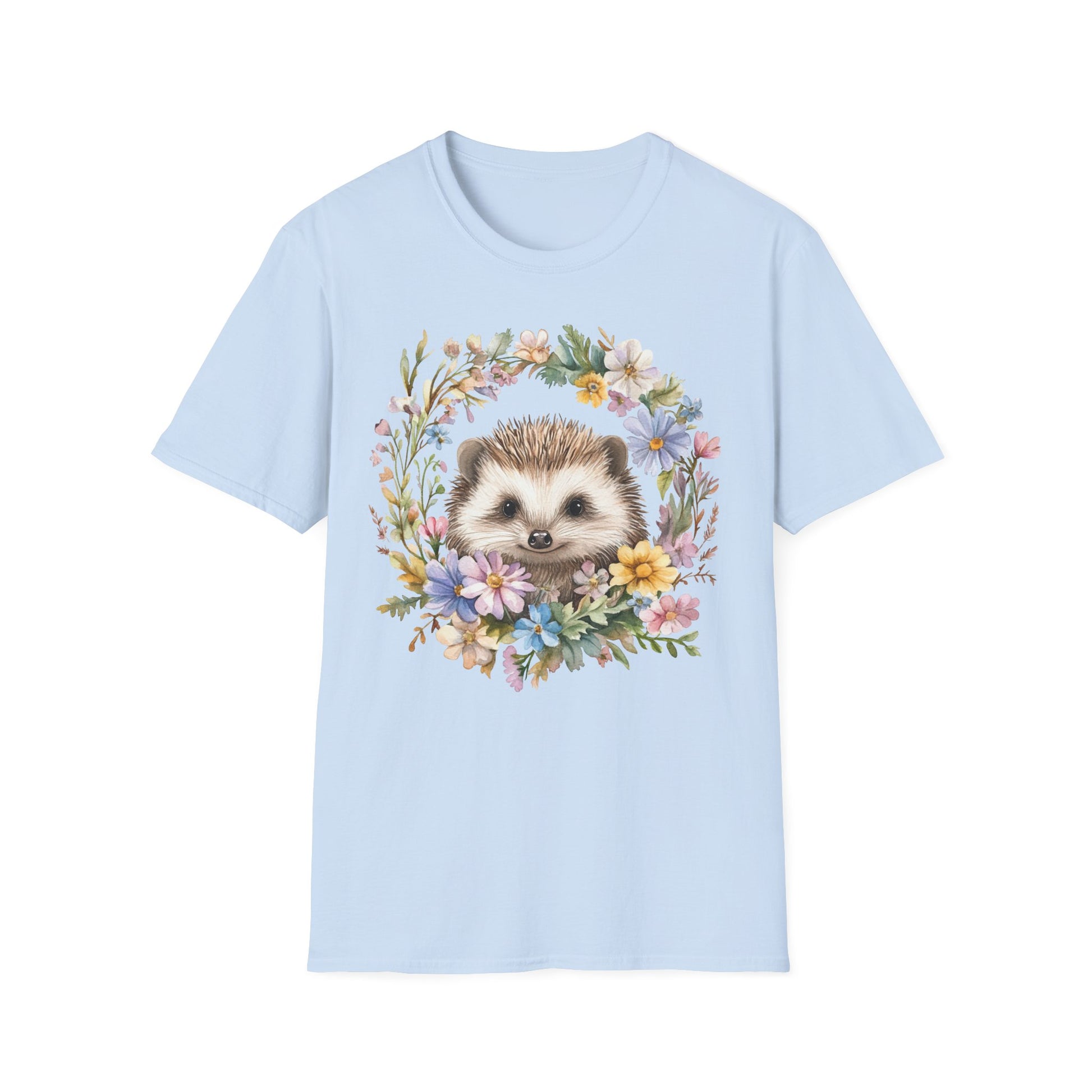 Light Blue T-Shirt mit süßem Igel-Motiv im bunten Blumenkranz – Unisex Tiermotiv Shirt