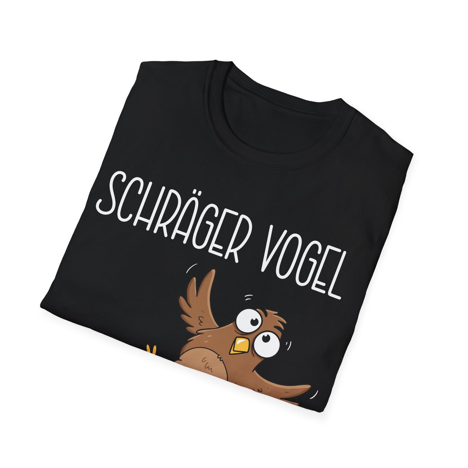 Schwarzes T-Shirt mit Comic-Vogel und Spruch „Schräger Vogel“ – lustiges Funshirt für Damen und Herren gefaltenes Shirt