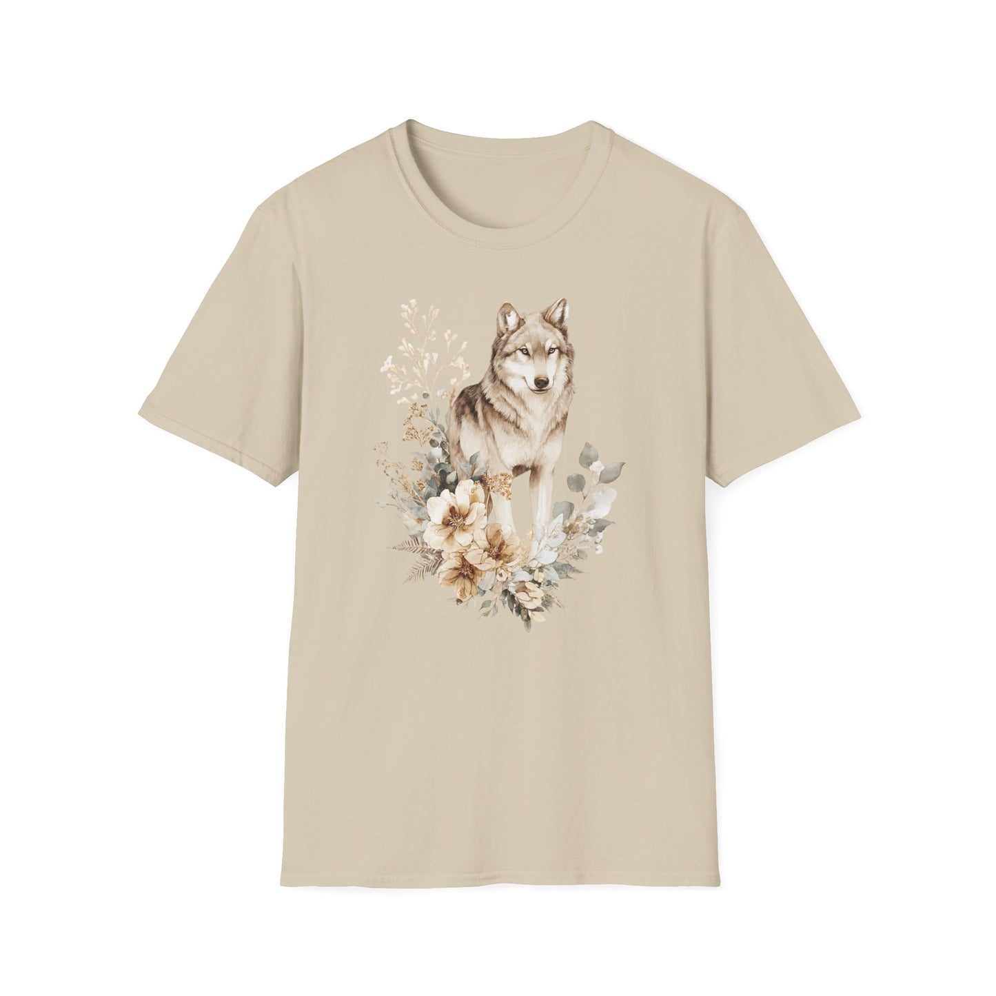 Beiges T-Shirt mit realistischem Wolf-Motiv und floraler Illustration – Wildlife & Natur Design