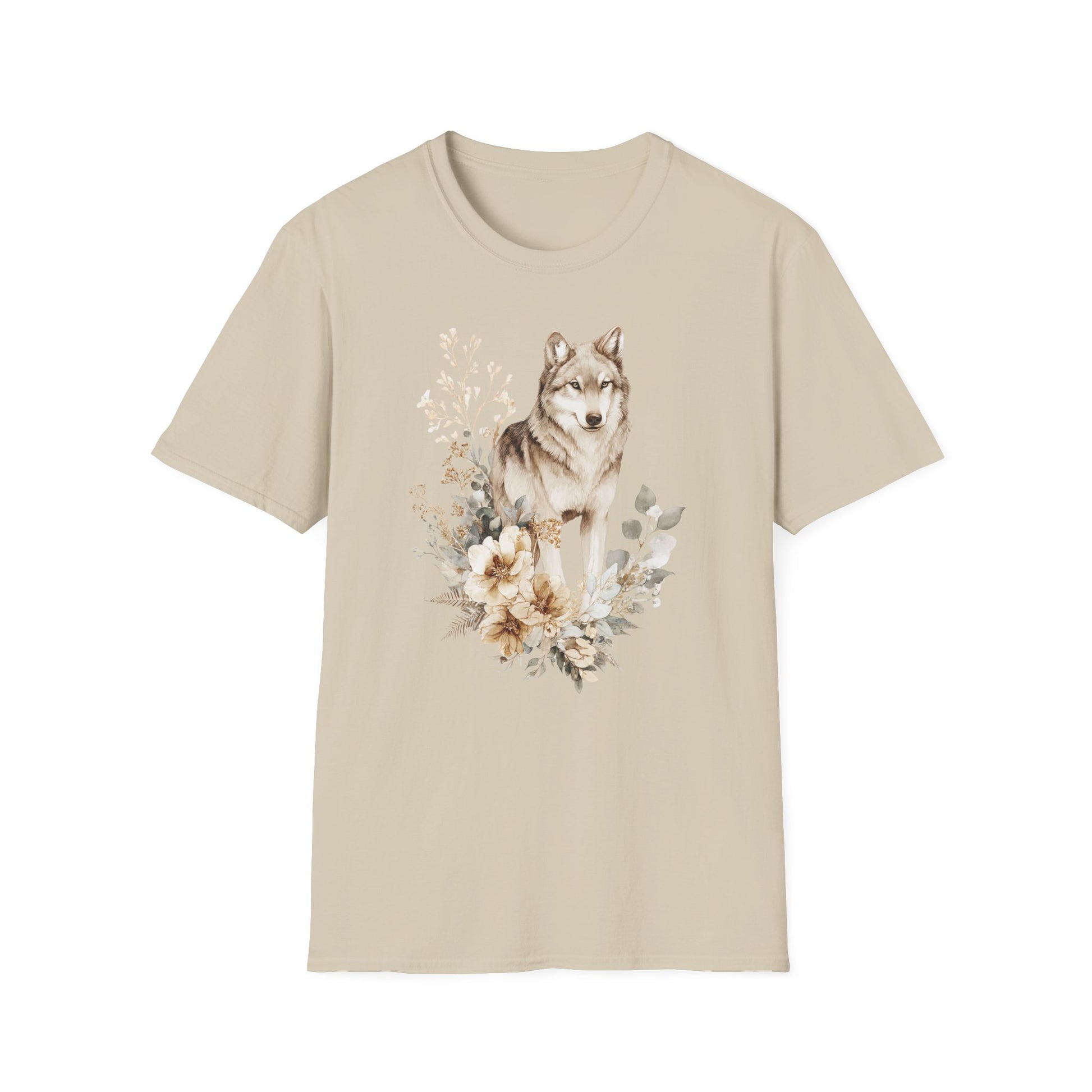 Beiges T-Shirt mit realistischem Wolf-Motiv und floraler Illustration – Wildlife & Natur Design