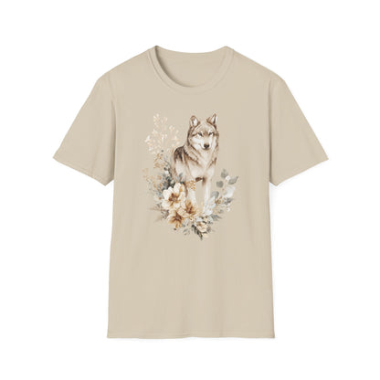 Beiges T-Shirt mit realistischem Wolf-Motiv und floraler Illustration – Wildlife & Natur Design