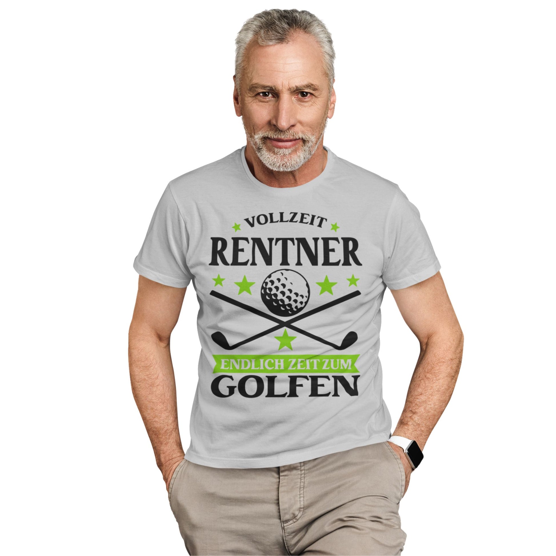 T-Shirt mit Golfmotiv, grün-schwarzem Aufdruck „Vollzeit Rentner – Endlich Zeit zum Golfen“ und zwei gekreuzten Golfschlägern
