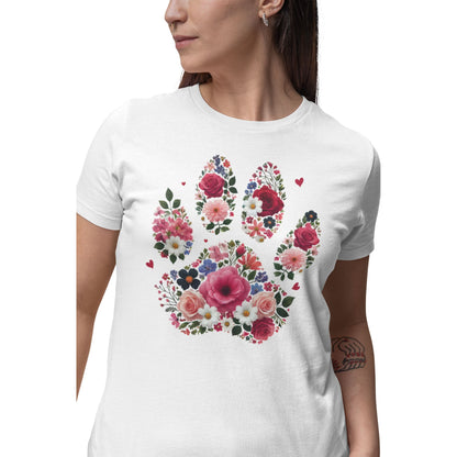 Weißes T-Shirt mit großem Print einer floralen Hundepfote aus bunten Blumen – Design für Hundefans und Tierfreunde.