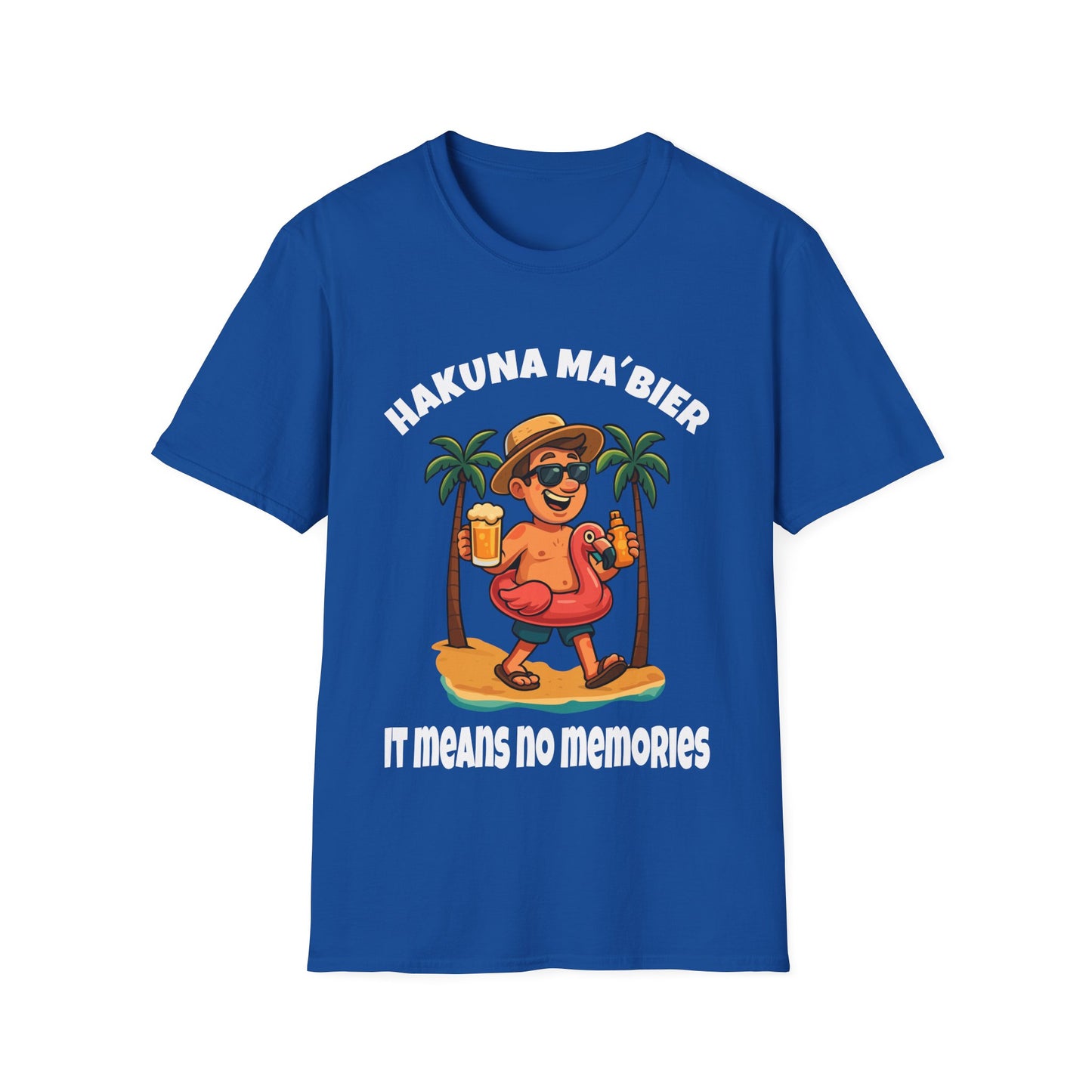 blaues T-Shirt mit bunter Illustration: Mann mit Flamingo-Schwimmring, Bier in der Hand, Text: „Hakuna Ma’Bier – It Means No Memories“
