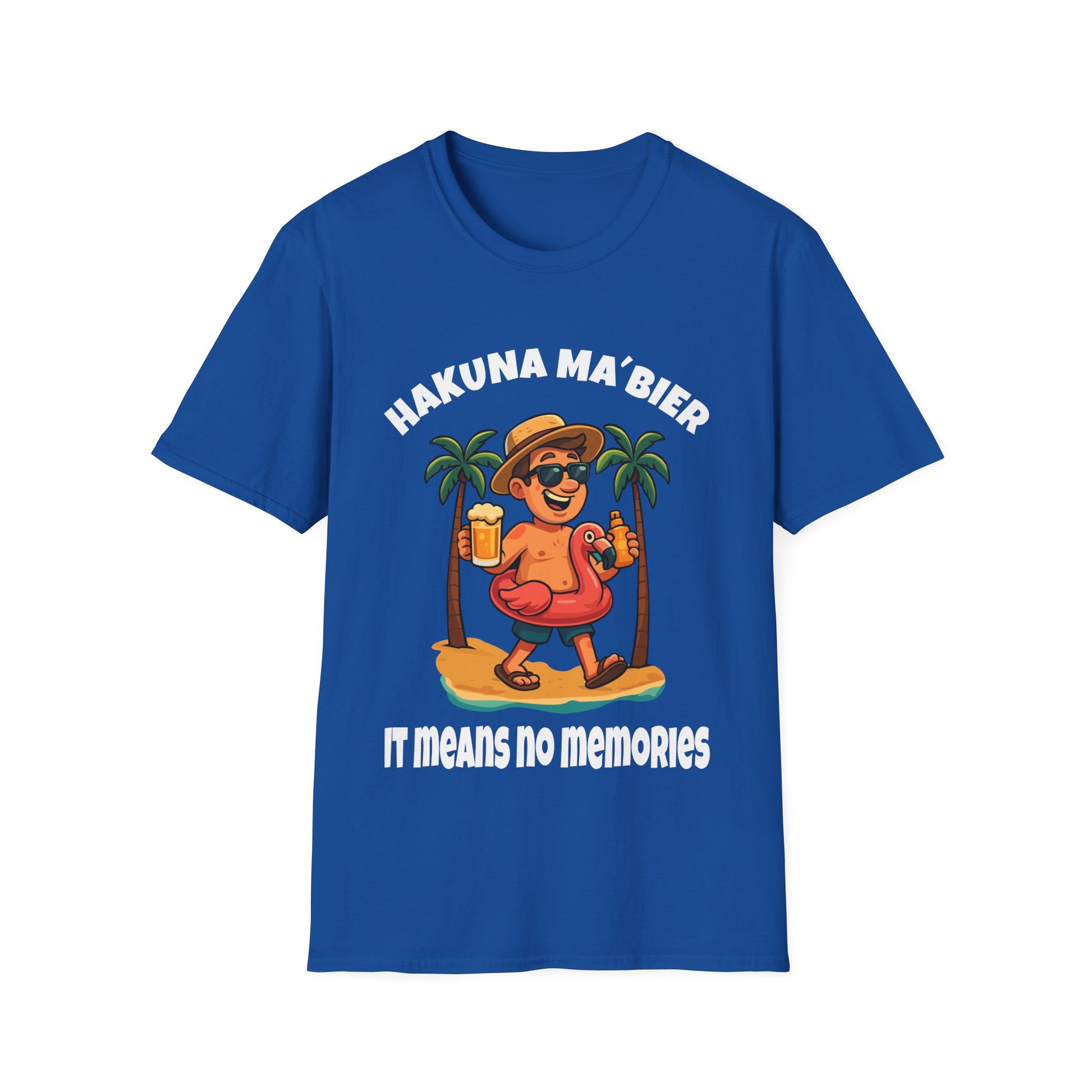 blaues T-Shirt mit bunter Illustration: Mann mit Flamingo-Schwimmring, Bier in der Hand, Text: „Hakuna Ma’Bier – It Means No Memories“