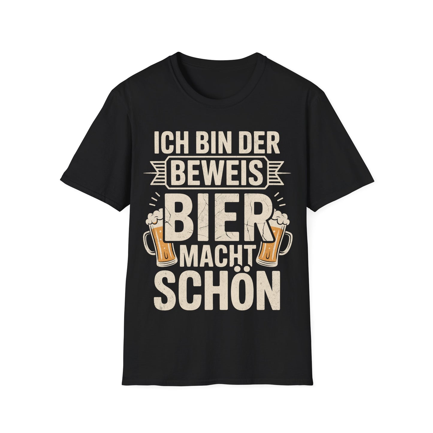 Schwarzes T-Shirt mit Aufdruck "Ich bin der Beweis – Bier macht schön" und zwei Bierkrügen – lustiges Partyshirt für Kneipe, Festival und Ballermann

