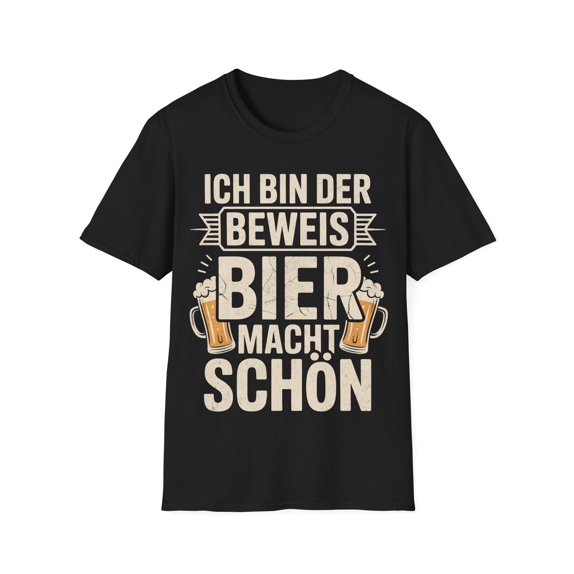 Schwarzes T-Shirt mit Aufdruck "Ich bin der Beweis – Bier macht schön" und zwei Bierkrügen – lustiges Partyshirt für Kneipe, Festival und Ballermann

