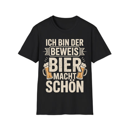 Schwarzes T-Shirt mit Aufdruck "Ich bin der Beweis – Bier macht schön" und zwei Bierkrügen – lustiges Partyshirt für Kneipe, Festival und Ballermann


