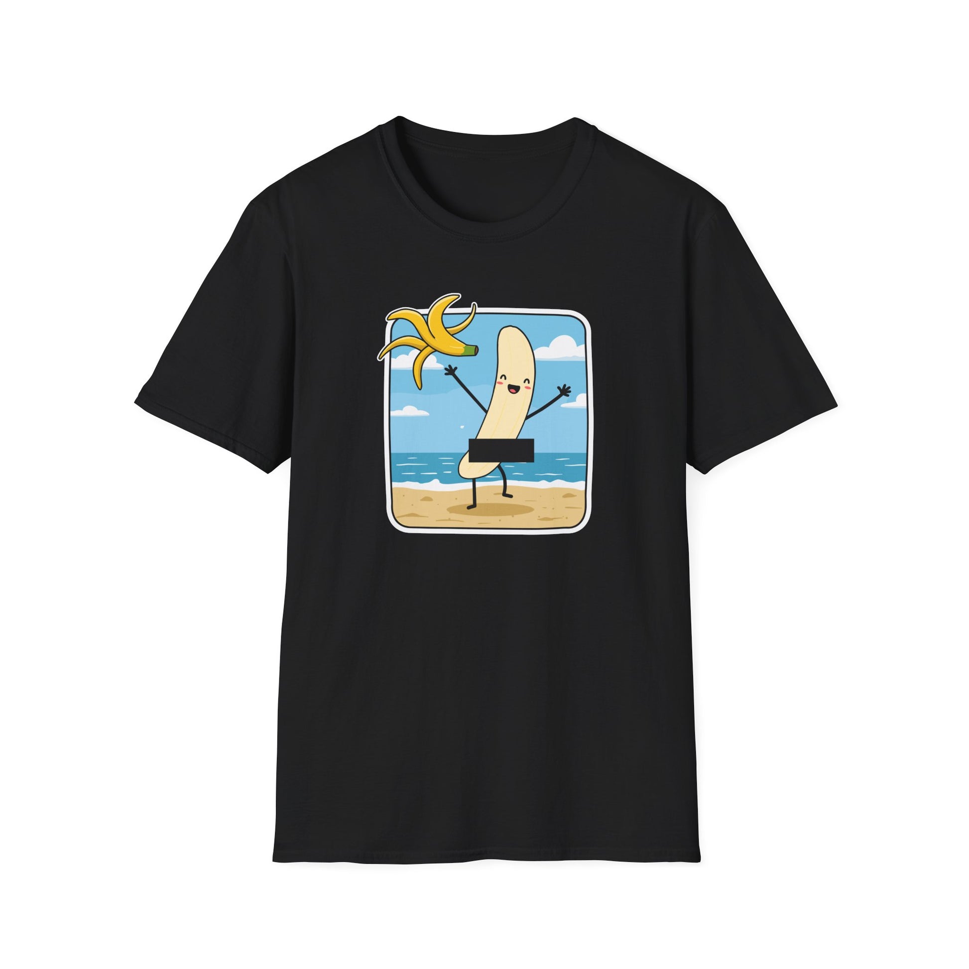 Lustiges schwarzes T-Shirt mit Cartoon-Banane am Strand, die eine Bananenschale hochhält – Sommer Funshirt Unisex