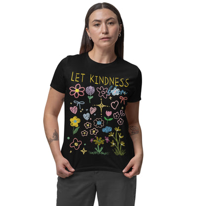 T-Shirt mit buntem Blumenmotiv und Schriftzug „Let Kindness Bloom“ – florales Design in Schwarz oder Weiß, Statement für Positivität