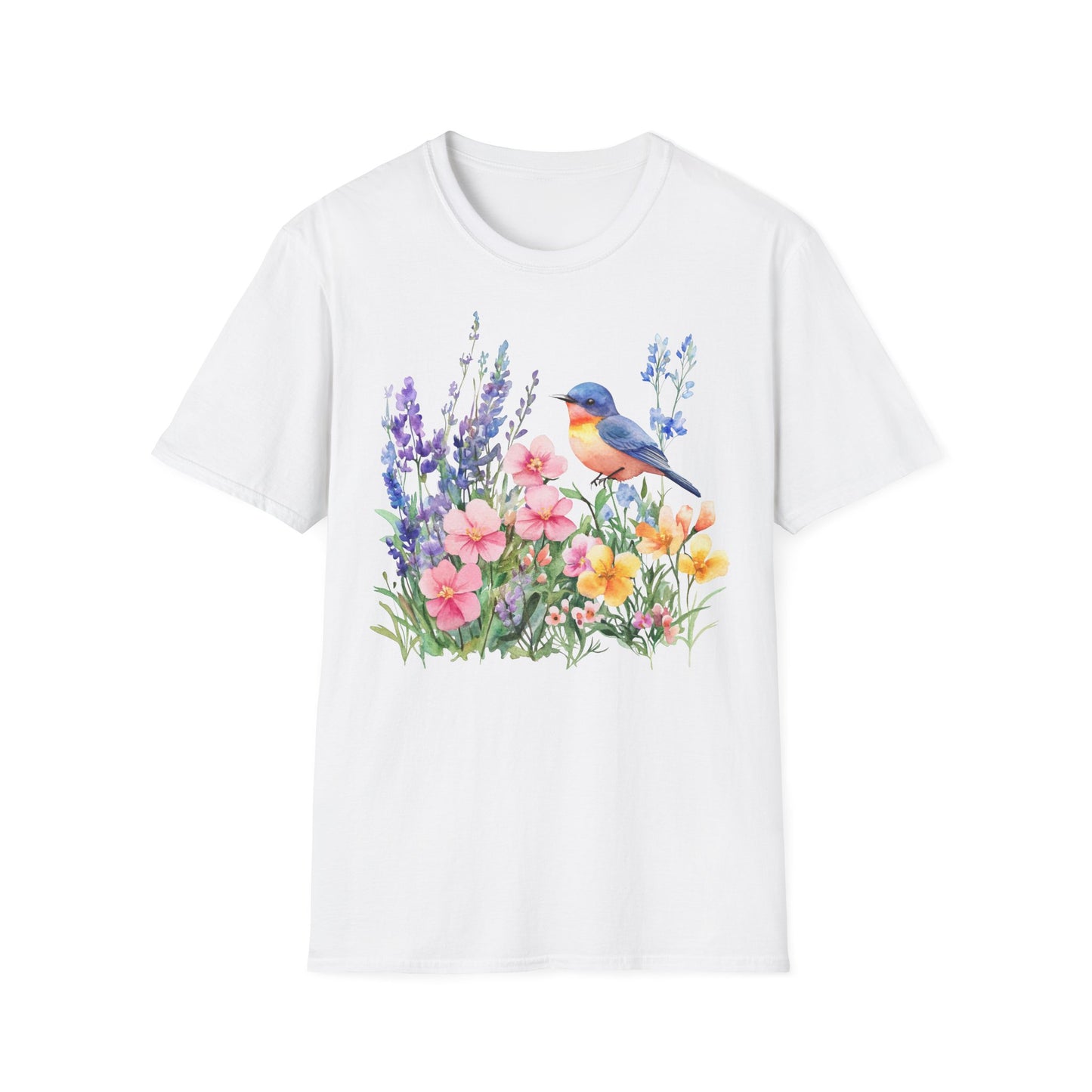  T-Shirt mit buntem Vogel und Blumenmotiv – Natur & Frühling Design Unisex