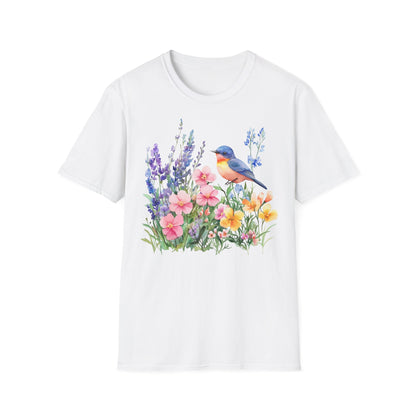  T-Shirt mit buntem Vogel und Blumenmotiv – Natur & Frühling Design Unisex