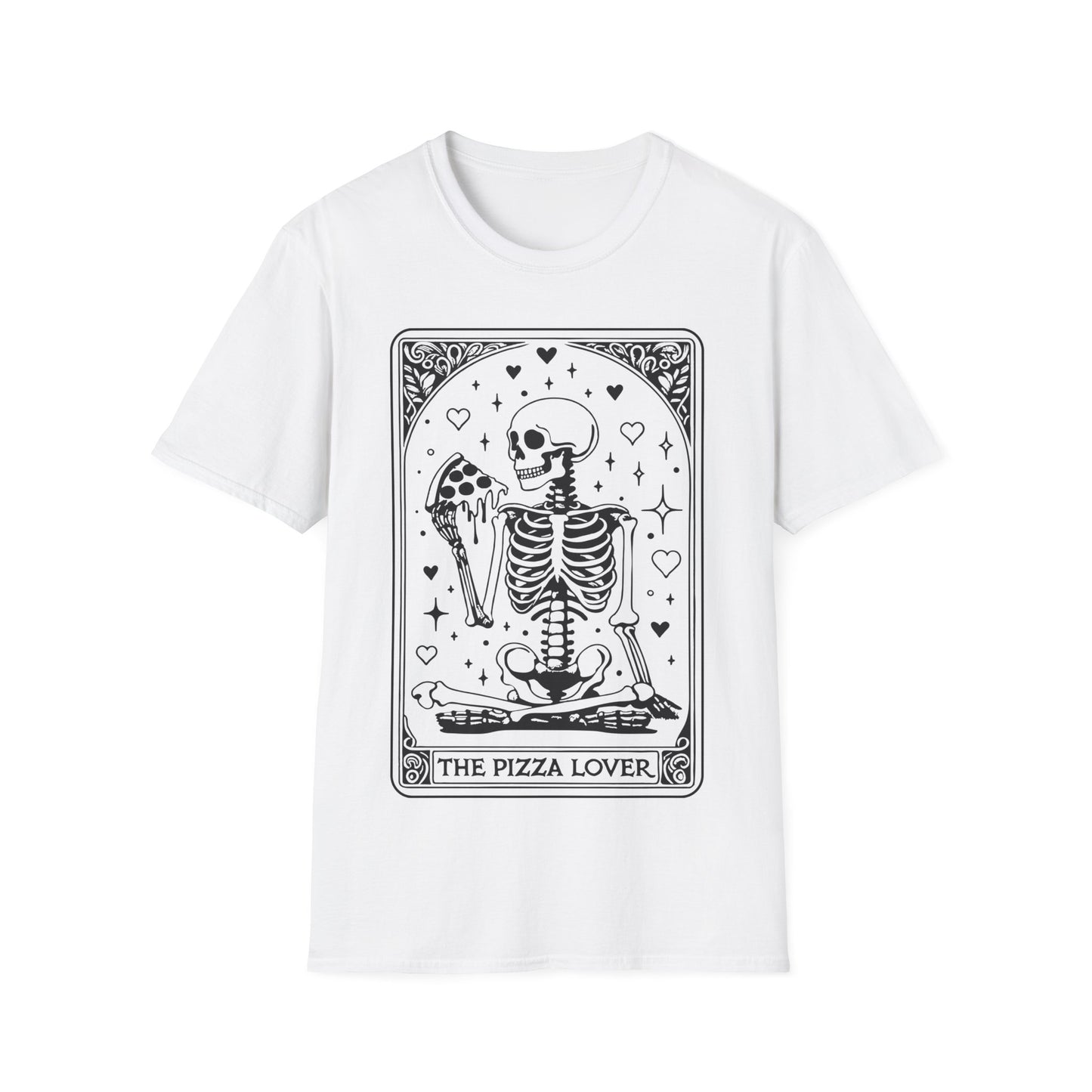 Pizza Lover T-Shirt – schwarzes Unisex Shirt mit Tarotkarten Design und Skelett, das Pizza isst