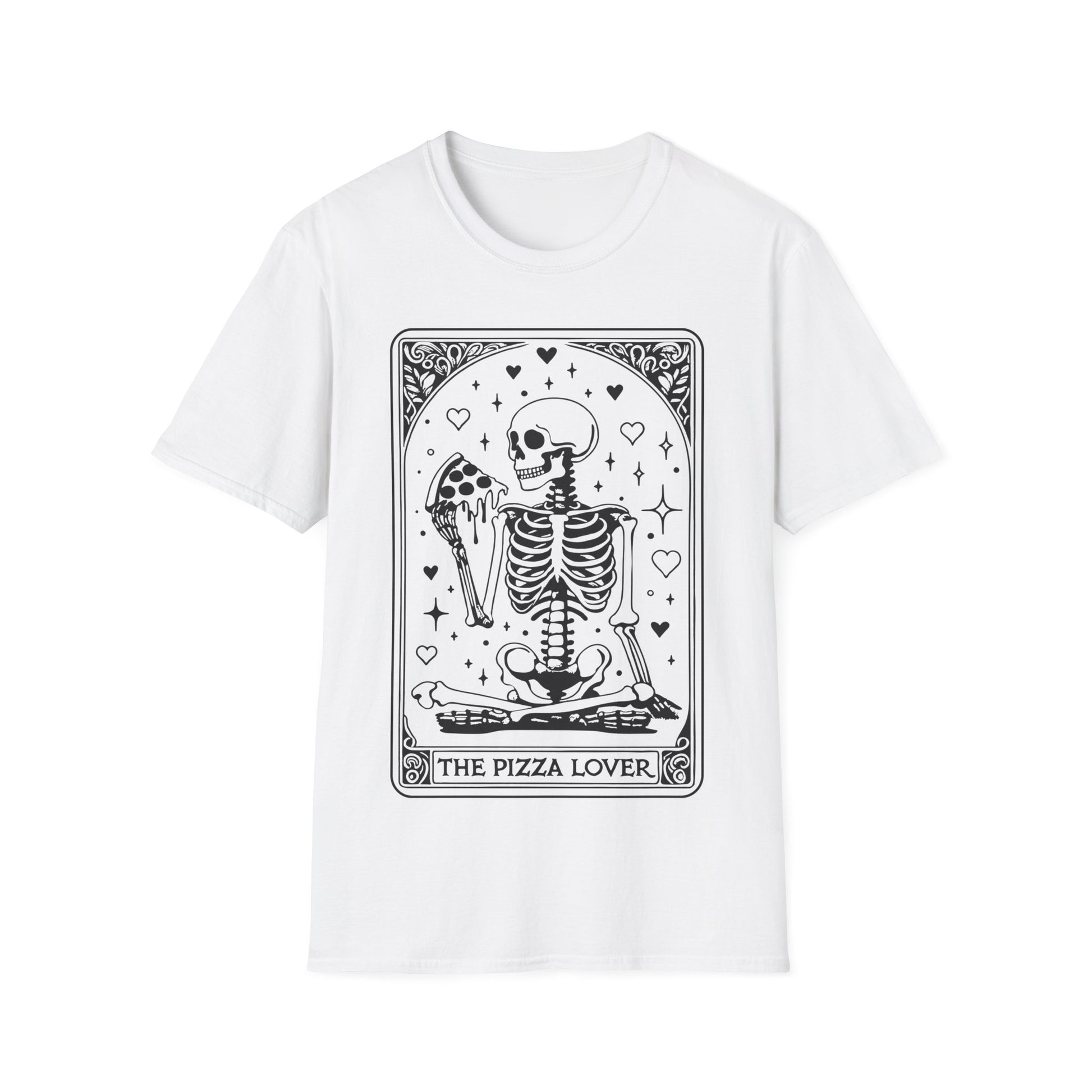 Pizza Lover T-Shirt – schwarzes Unisex Shirt mit Tarotkarten Design und Skelett, das Pizza isst