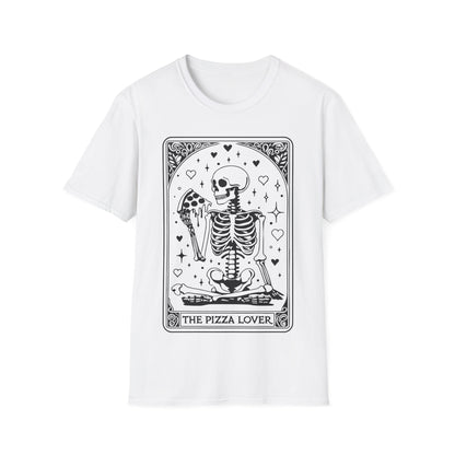 Pizza Lover T-Shirt – schwarzes Unisex Shirt mit Tarotkarten Design und Skelett, das Pizza isst