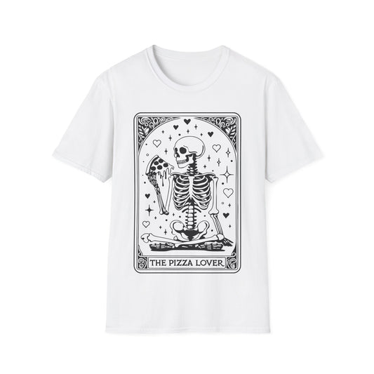 Pizza Lover T-Shirt – schwarzes Unisex Shirt mit Tarotkarten Design und Skelett, das Pizza isst