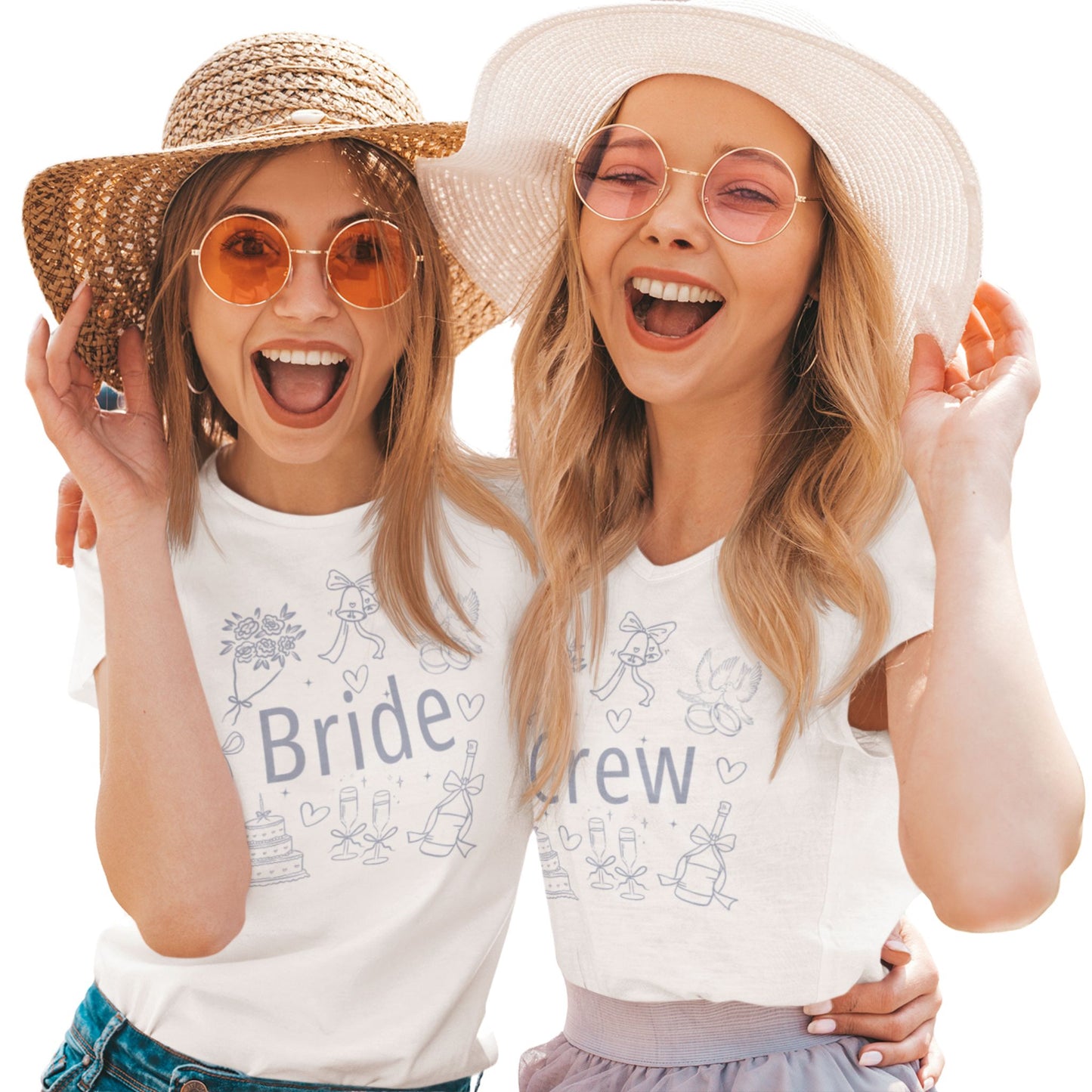 JGA T-Shirt Set mit „Bride“ & „Crew“-Aufdruck – schlichte Hochzeitsmotive wie Ringe, Schleife, Sektgläser – weißes T-Shirt für Frauen