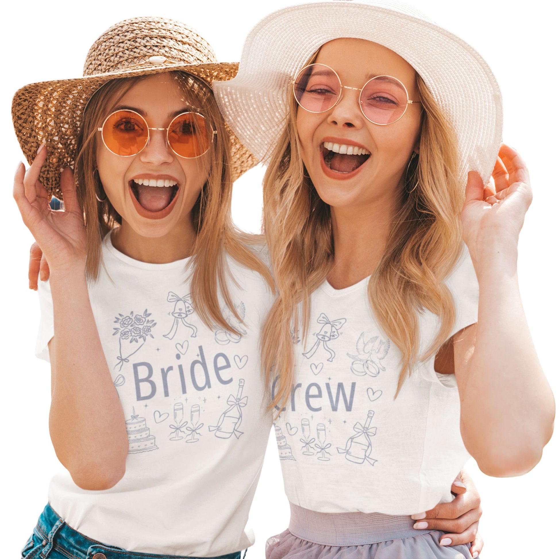 JGA T-Shirt Set mit „Bride“ & „Crew“-Aufdruck – schlichte Hochzeitsmotive wie Ringe, Schleife, Sektgläser – weißes T-Shirt für Frauen