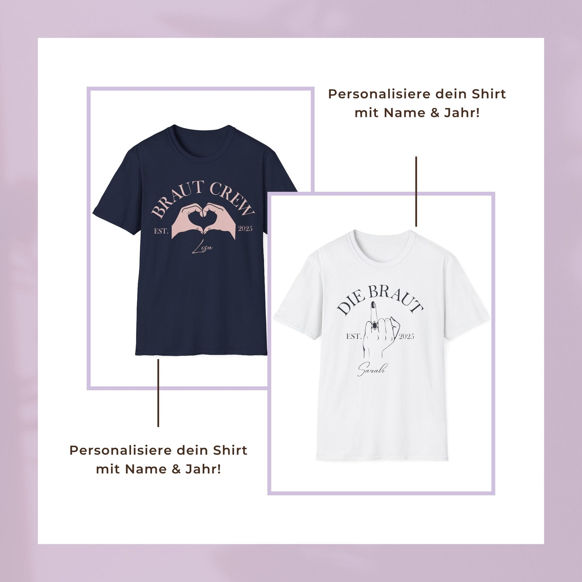 JGA Shirt Set für Frauen mit frechem Ringfinger-Motiv „Die Braut“ in Weiß und Handherz-Motiv „Braut Crew“ in Navy – personalisierbar mit Namen und Jahr - Info Box zur Personalisierung