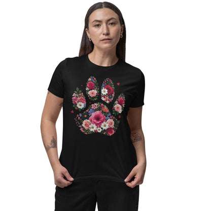 Weißes und schwarzes T-Shirt mit großem Print einer floralen Hundepfote aus bunten Blumen – Design für Hundefans und Tierfreunde.